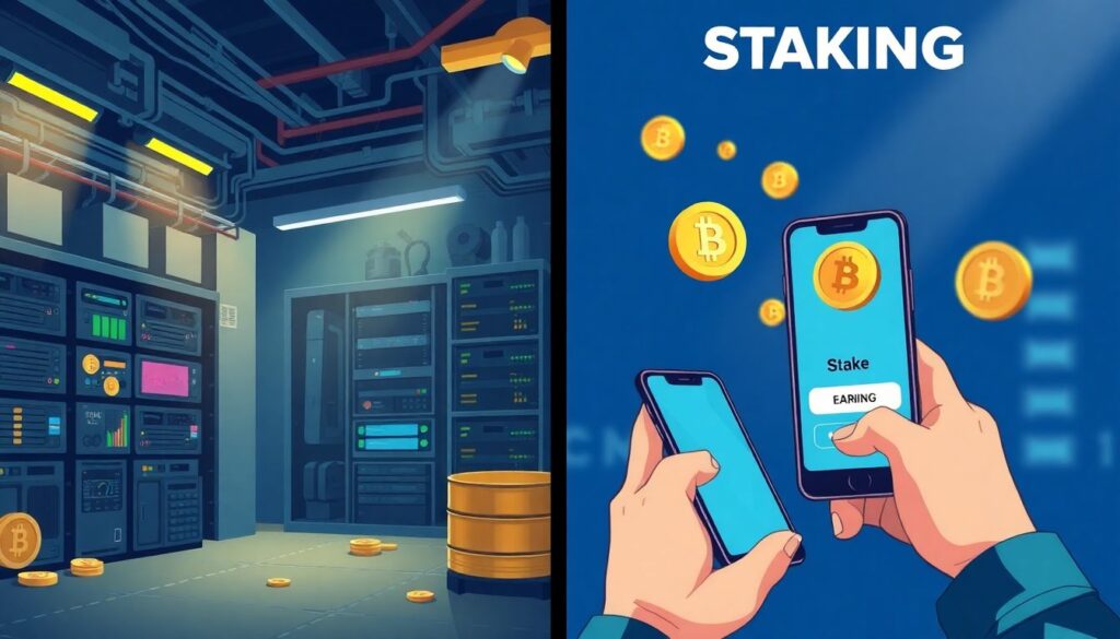 Стейкинг и майнинг криптовалют: сравнение доходности, рисков и технических требований - иллюстрация